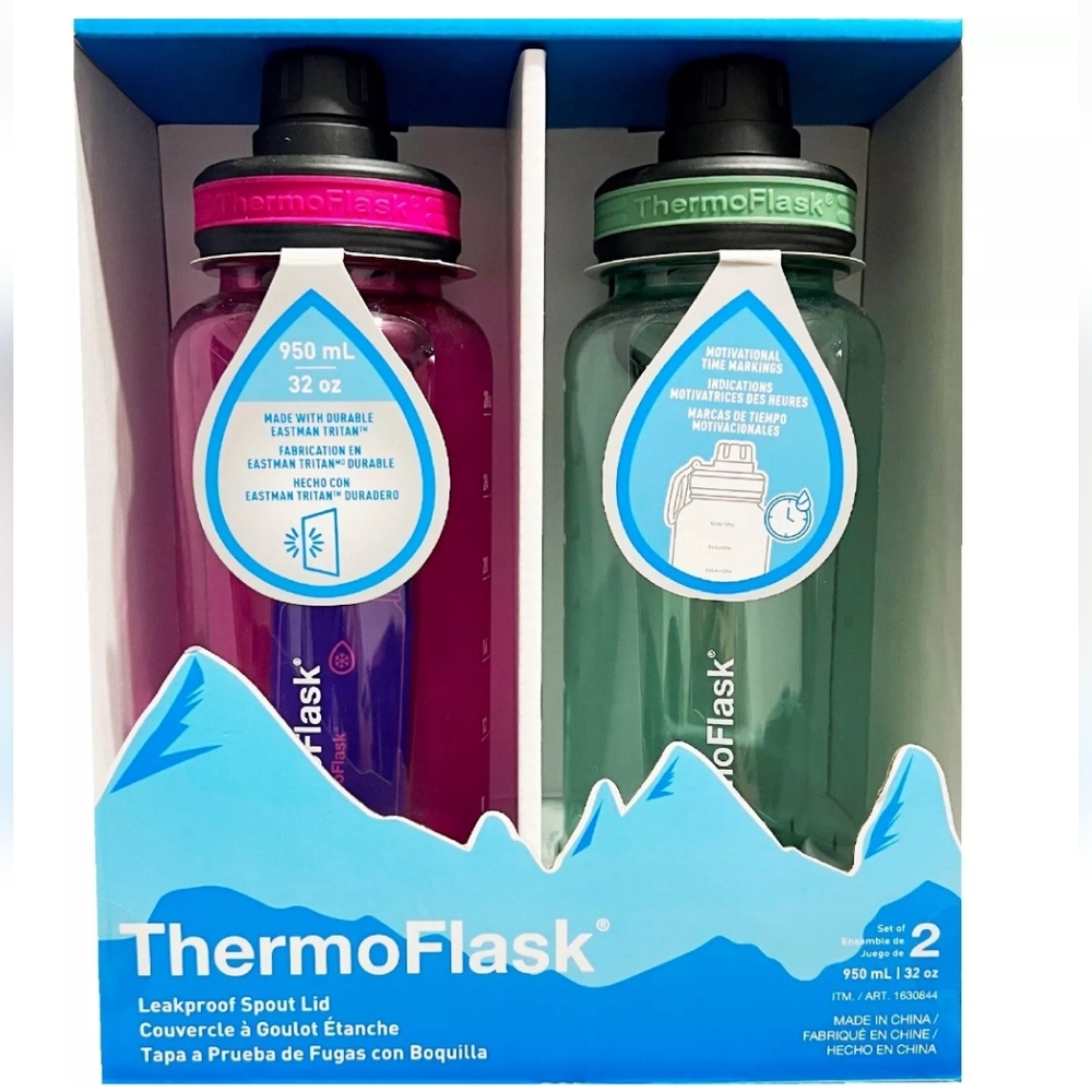 NIB Thermoflask Premium Quality Motivational Water Bottle Set of 2 32 oz. Each